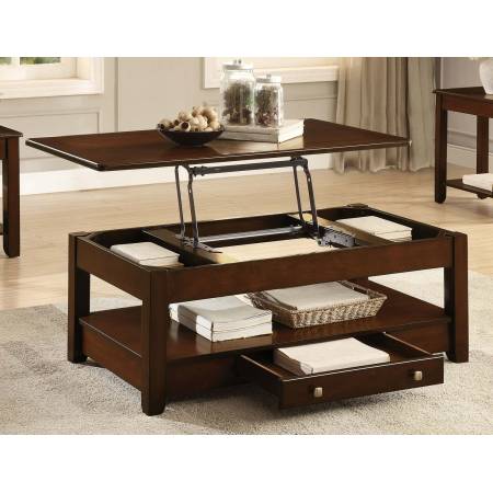 Ballwin Cocktail Table with Lift Top and Functional Drawer on Casters - Deep Cherry